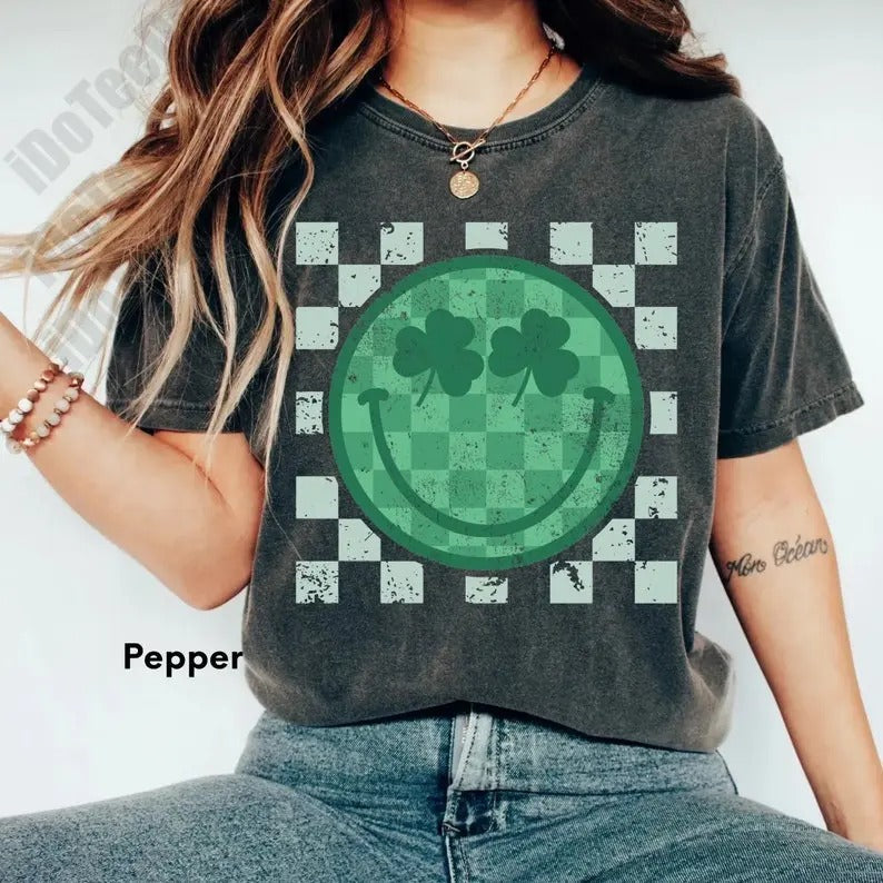 Checker Smiley St Patricks Day Shamrock Retro Pattys - Adult & Kids T-Shirts, Sweatshirts & Hoodies apparel design preview 1