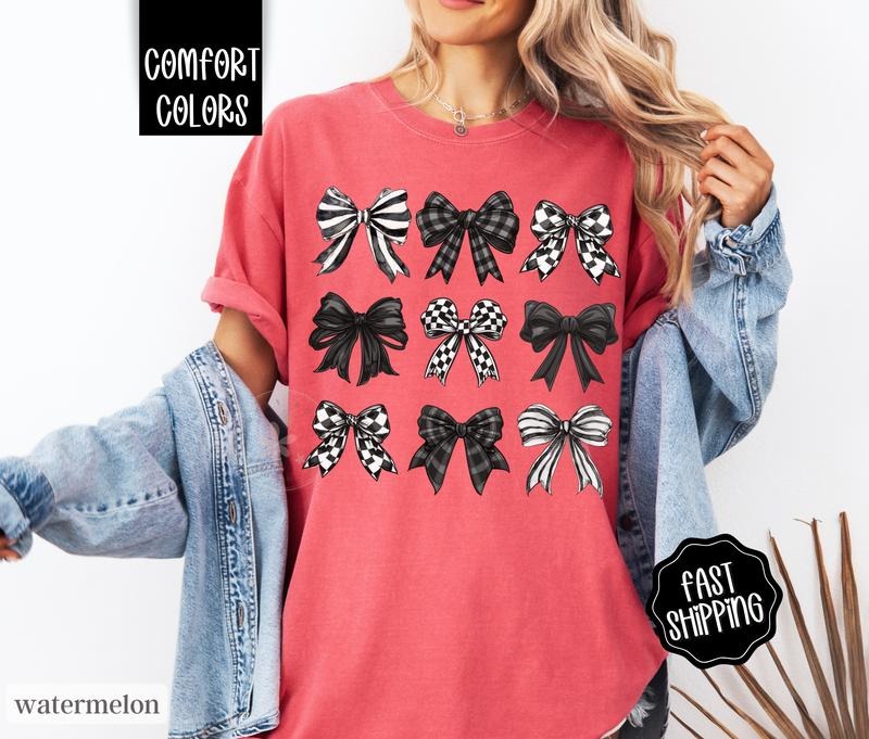 Checkered Bows Comfort Colors Coquette Black Bow Cute - Adult & Kids T-Shirts, Sweatshirts & Hoodies apparel design preview 1