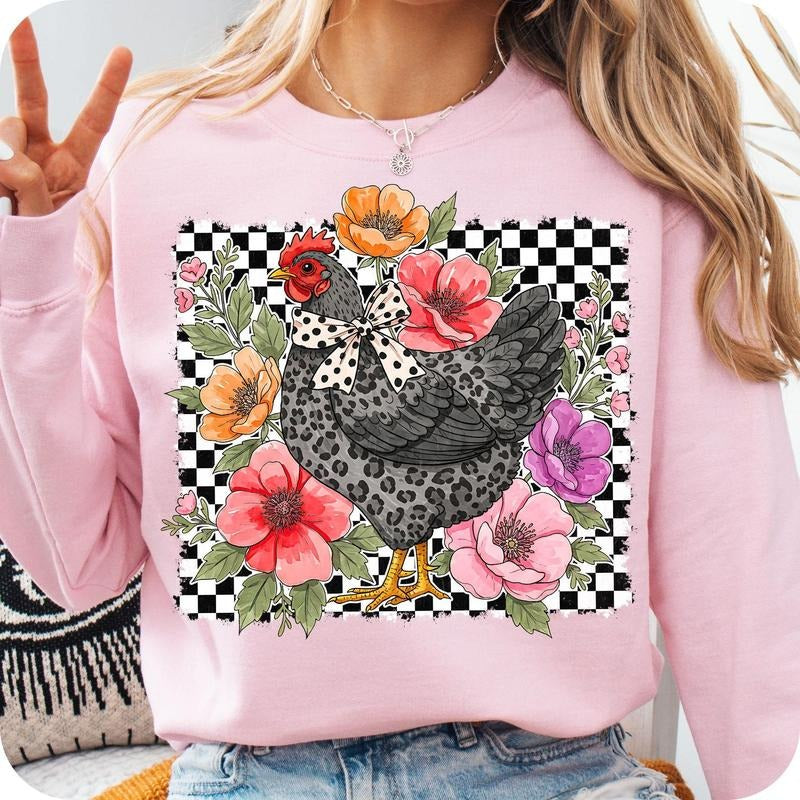 Checkered WildFlower Chicken Lover Cute Country - Adult & Kids T-Shirts, Sweatshirts & Hoodies apparel design preview 1