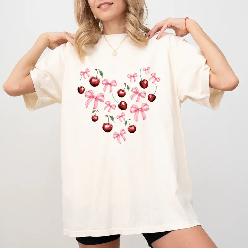 Cherries Girl Comfort Colors Pink Bow Coquette Fruit - Adult & Kids T-Shirts, Sweatshirts & Hoodies apparel design preview 1