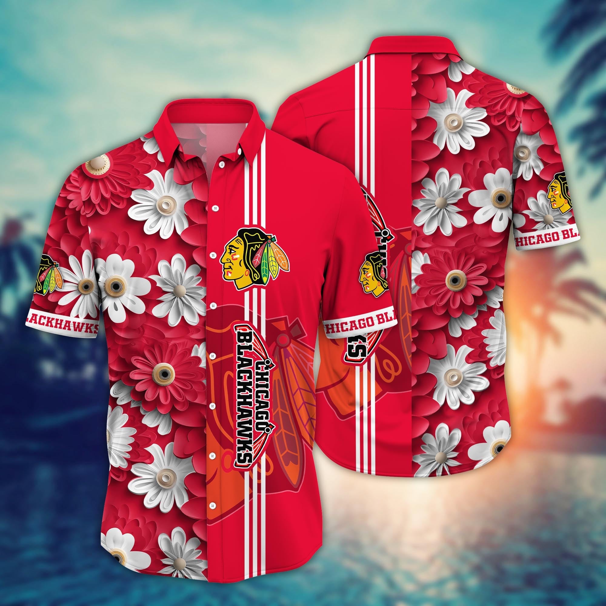 Chicago Blackhawks Hawaiian Daisy Stripe Design - Adult & Kids T-Shirts, Sweatshirts & Hoodies apparel design preview 1