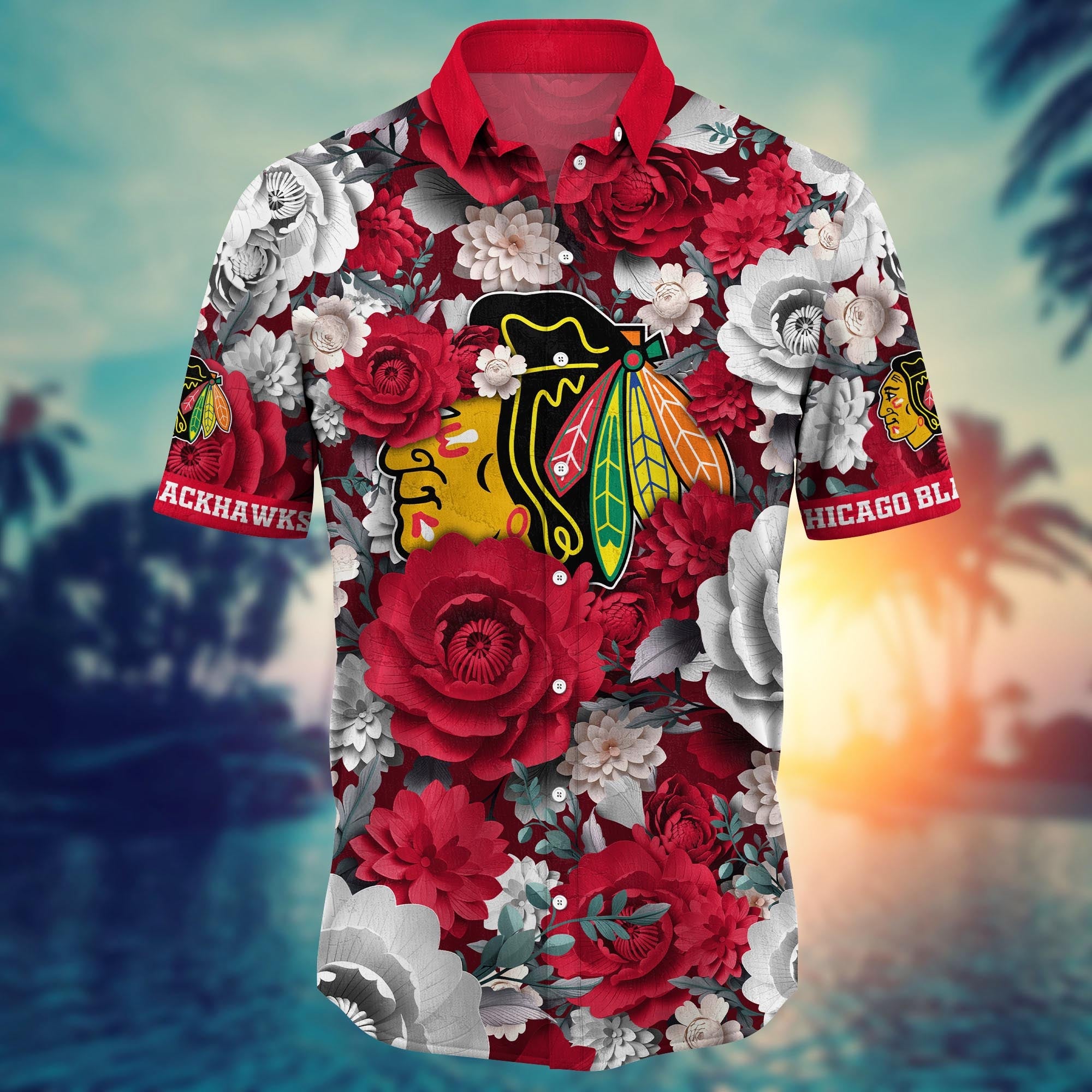 Chicago Blackhawks Hawaiian Elegant Blossom Design - Adult & Kids T-Shirts, Sweatshirts & Hoodies apparel design preview 1