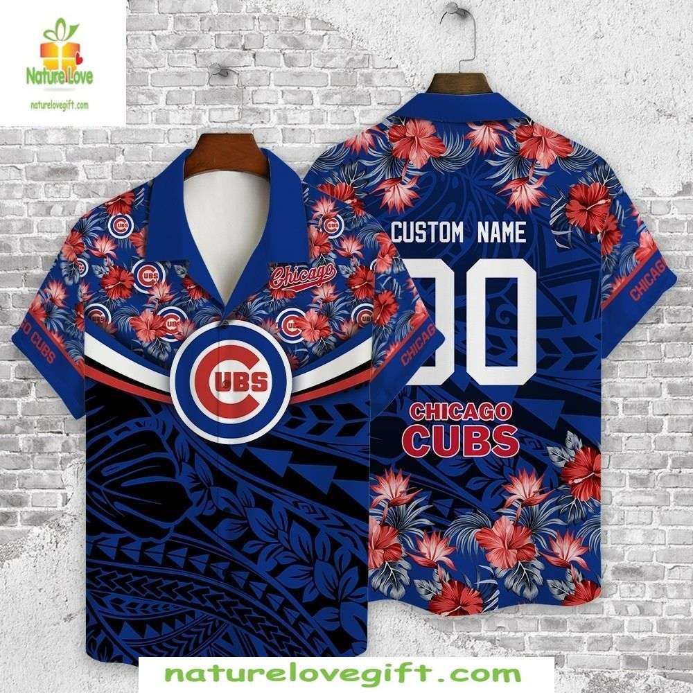 Chicago Cubs Hawaiian Navy Floral Custom Name - Adult & Kids T-Shirts, Sweatshirts & Hoodies apparel design preview 1
