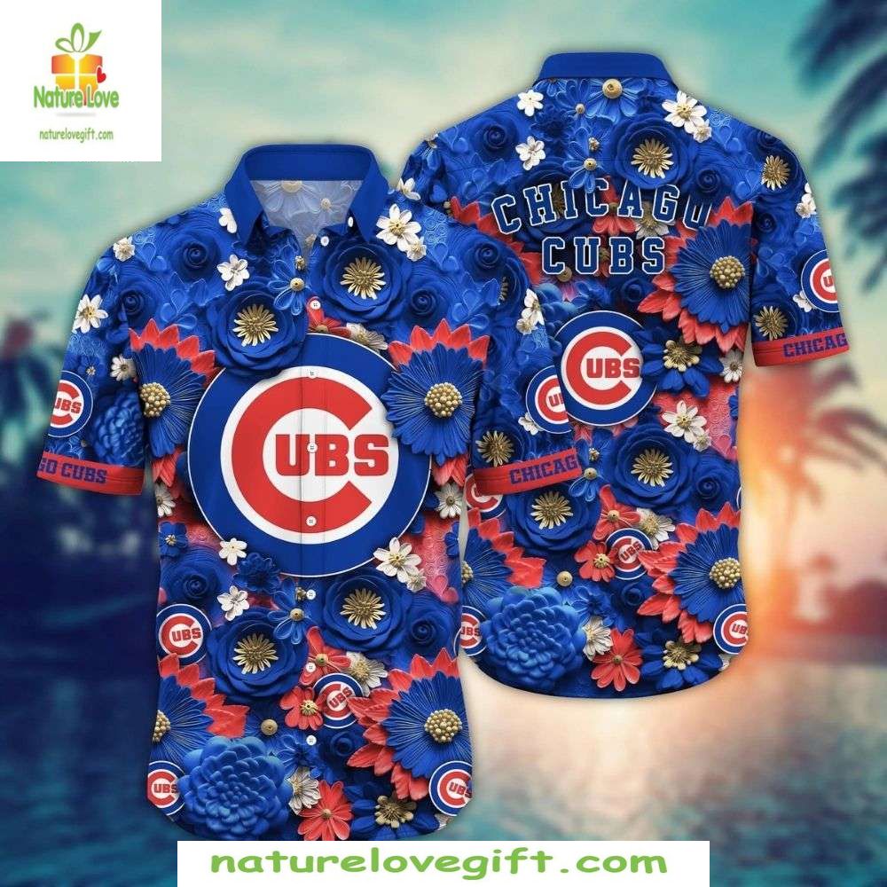 Chicago Cubs Hawaiian Floral Fanfare Vivid Blue - Adult & Kids T-Shirts, Sweatshirts & Hoodies apparel design preview 1