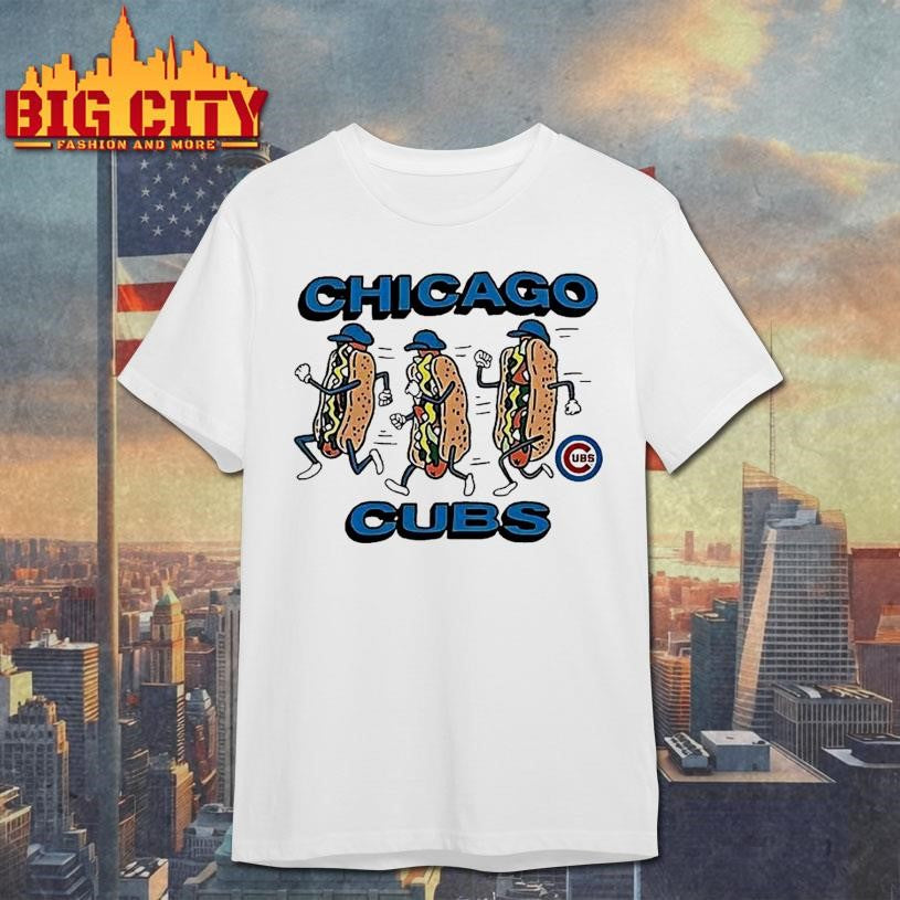 Chicago Cubs Three Running Hot Dogs Wearing Blue Hats - Adult & Kids T-Shirts, Sweatshirts & Hoodies apparel design preview 1