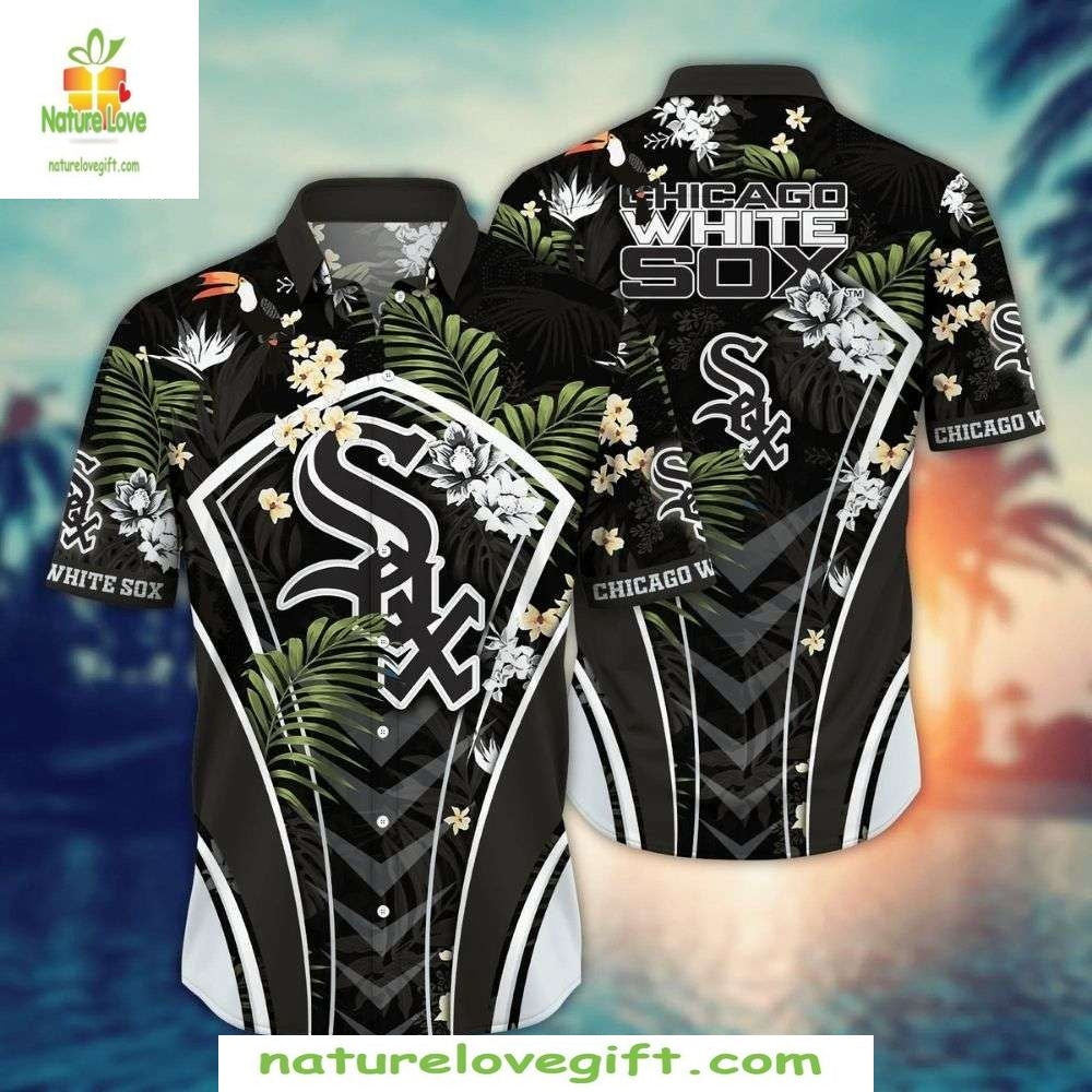 Chicago White Sox Hawaiian Black Floral Stripe MLB - Adult & Kids T-Shirts, Sweatshirts & Hoodies apparel design preview 1