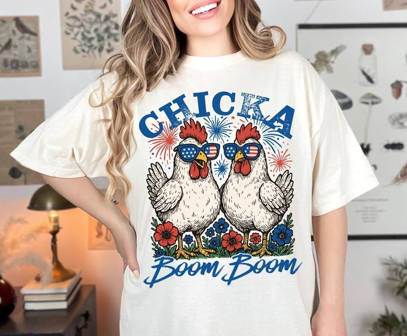 Chicka Boom Funny Patriotic Chicken 4th July Humor - Adult & Kids T-Shirts, Sweatshirts & Hoodies apparel design preview 1