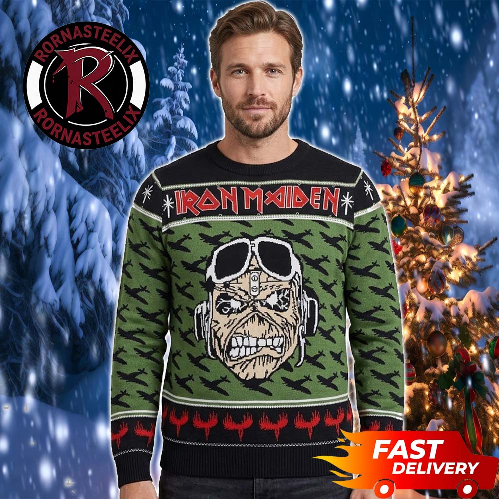 Christmas Holiday Eddie Army Head Black Green Pattern Iron Maiden Ugly Christmas Sweater - Holiday Gift product image