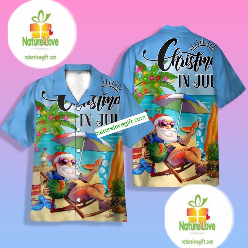 Christmas In July Santa Claus Beach Blue Hawaiian - Adult & Kids T-Shirts, Sweatshirts & Hoodies apparel design preview 1