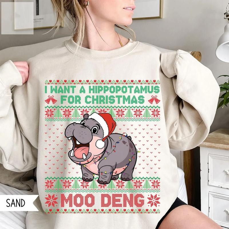 Moo Deng I Want Hippopotamus Hippo Ugly Xmas - Adult & Kids T-Shirts, Sweatshirts & Hoodies apparel design preview 1