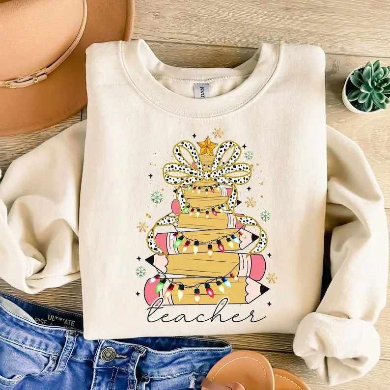 Pencil Tree Teacher Coquette Bow Merry - Adult & Kids T-Shirts, Sweatshirts & Hoodies apparel design preview 1