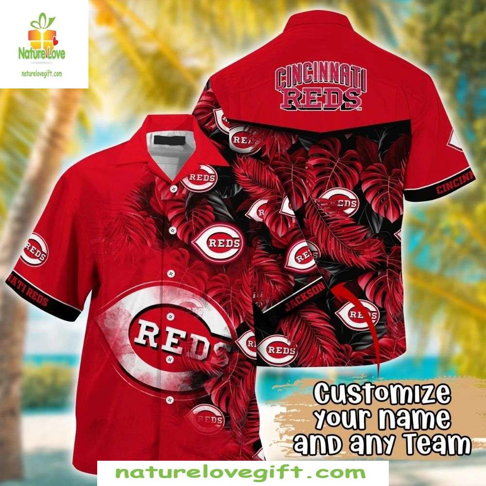 MLB Hawaiian Cincinnati Reds Tropical Leaves Baseball - Adult & Kids T-Shirts, Sweatshirts & Hoodies apparel design preview 1