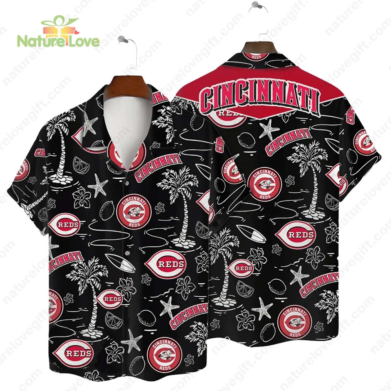 Cincinnati Reds Tropical Palms MLB Black Hawaiian - Adult & Kids T-Shirts, Sweatshirts & Hoodies apparel design preview 1