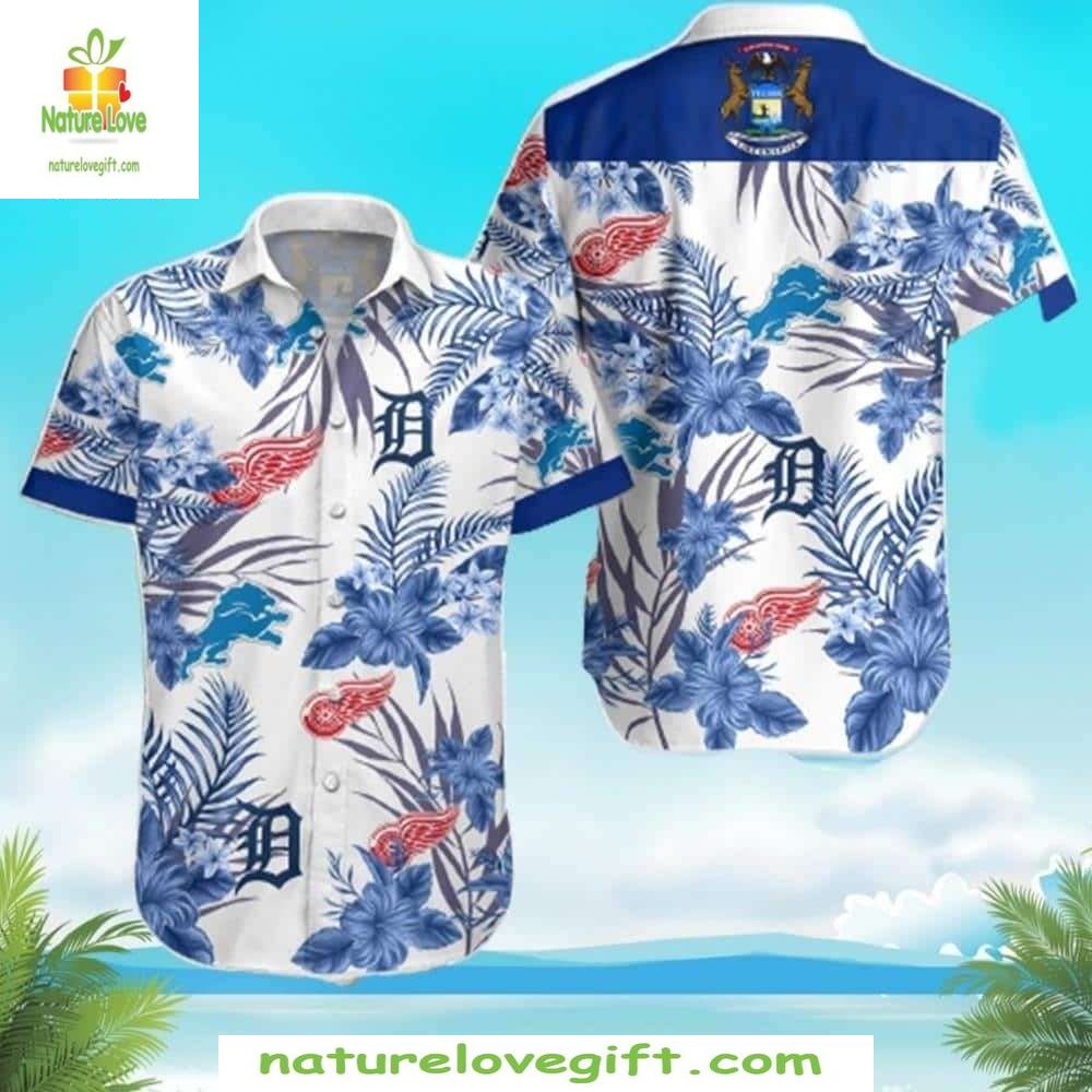 Detroit Tigers Hawaiian Classic Blue Floral MLB - Adult & Kids T-Shirts, Sweatshirts & Hoodies apparel design preview 1
