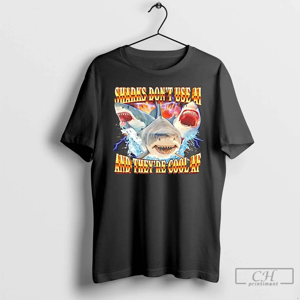 Classic Sharks Dont Use Ai Theyre Cool Af 90s Bootleg - Adult & Kids T-Shirts, Sweatshirts & Hoodies apparel design preview 1