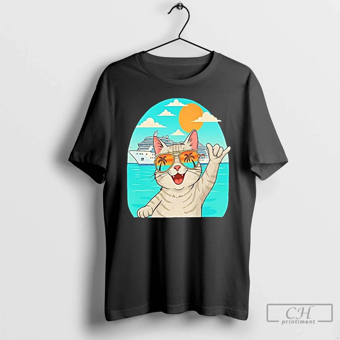 Classic Tabby Cat Wearing Sunglasses Behind Yacht - Adult & Kids T-Shirts, Sweatshirts & Hoodies apparel design preview 1