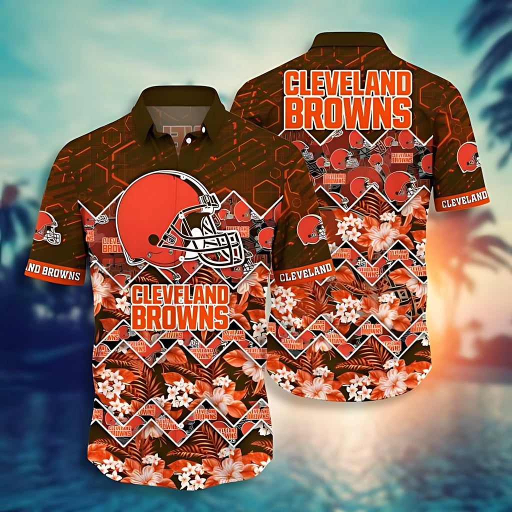 Cleveland Browns Hawaiian Geometric Floral Design - Adult & Kids T-Shirts, Sweatshirts & Hoodies apparel design preview 1