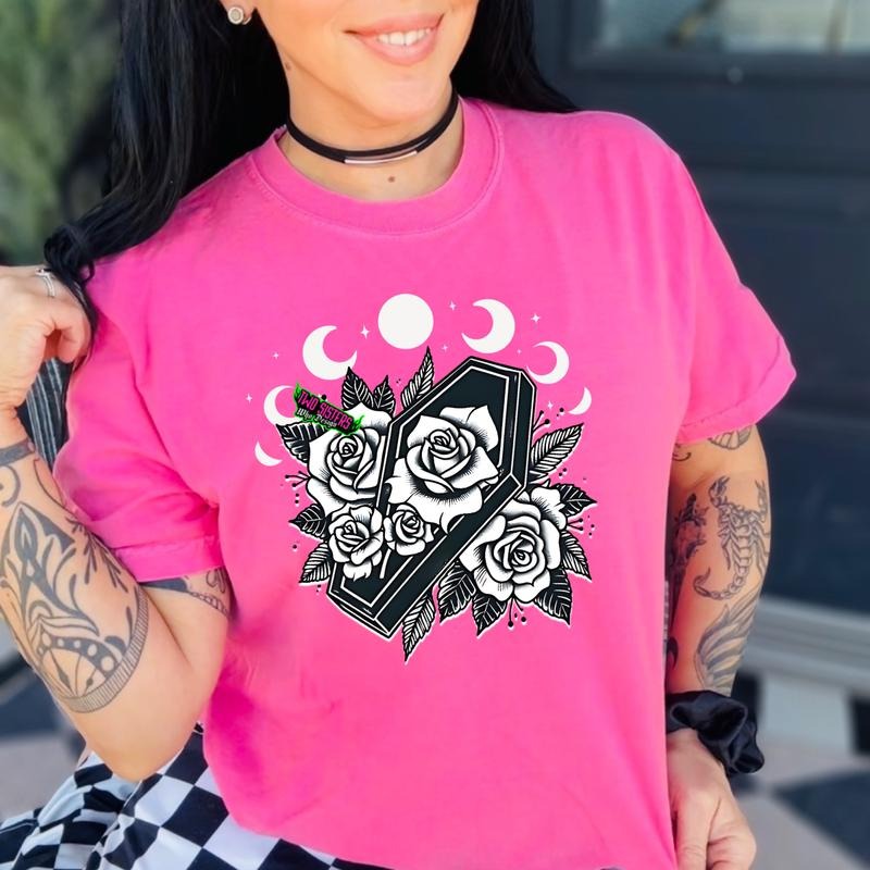 Coffin Moon Celestial Roses Short Sleeve Neon Pink - Adult & Kids T-Shirts, Sweatshirts & Hoodies apparel design preview 1