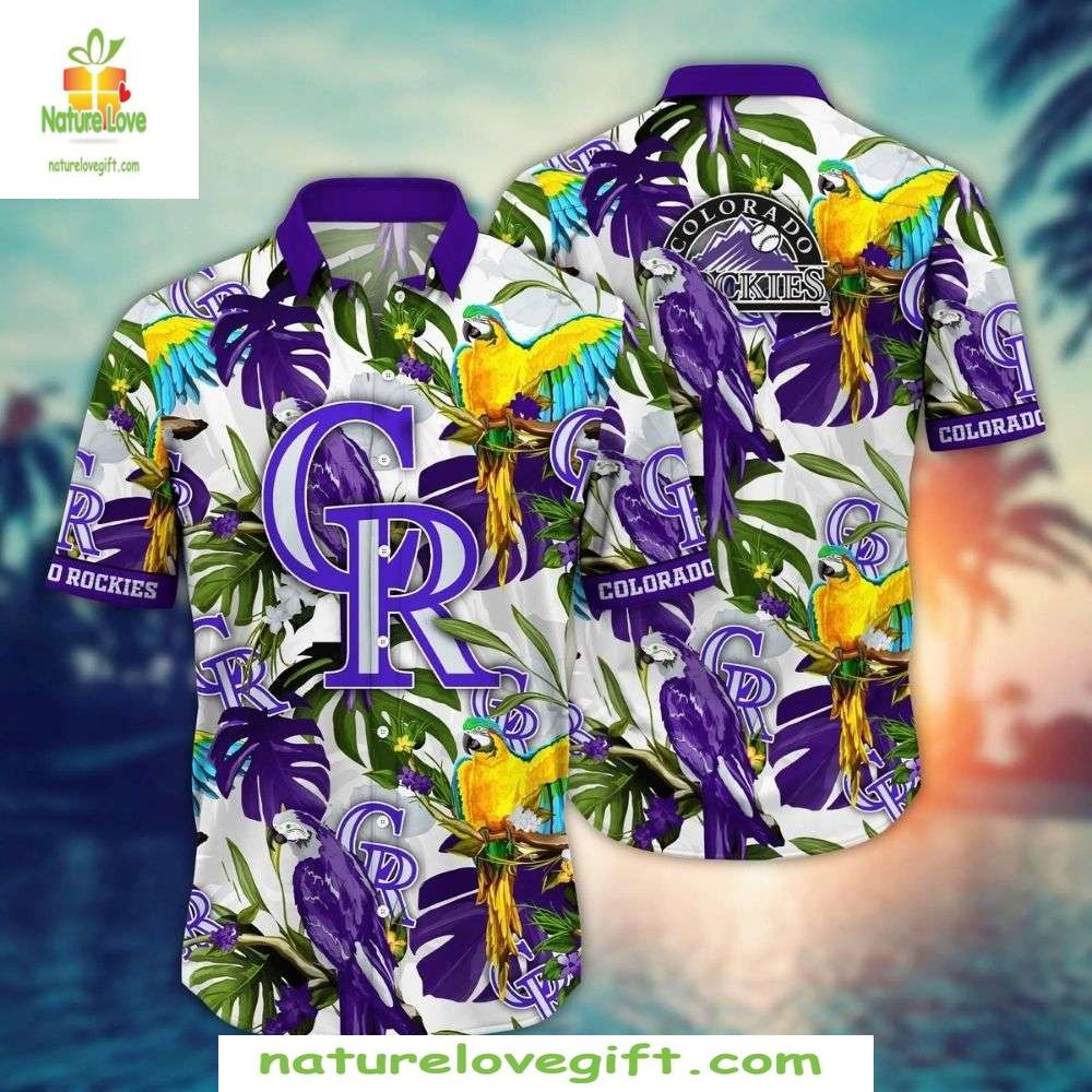 MLB Hawaiian Colorado Rockies Purple Parrot Palm - Adult & Kids T-Shirts, Sweatshirts & Hoodies apparel design preview 1