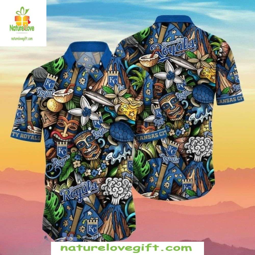 KC Royals Hawaiian Colorful Tiki Hibiscus Baseball - Adult & Kids T-Shirts, Sweatshirts & Hoodies apparel design preview 1