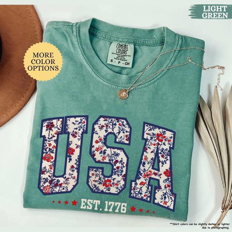 Comfort Colors Floral USA American Girl Est 1776 - Adult & Kids T-Shirts, Sweatshirts & Hoodies apparel design preview 1