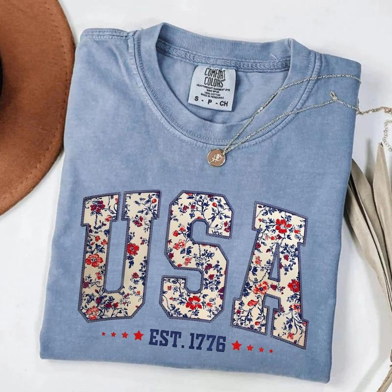 Comfort Colors Floral USA Retro America 4th July - Adult & Kids T-Shirts, Sweatshirts & Hoodies apparel design preview 1