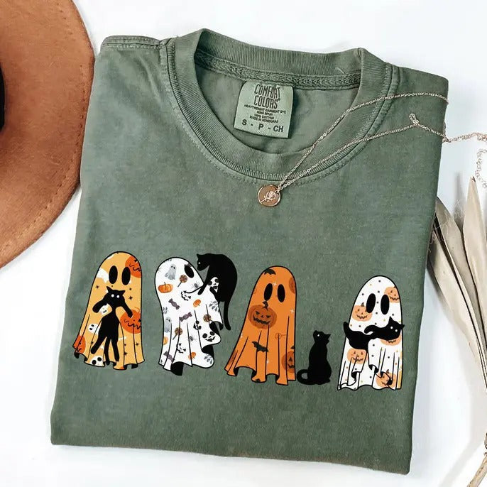 Comfort Colors Ghost Cat Halloween Black Spooky - Adult & Kids T-Shirts, Sweatshirts & Hoodies apparel design preview 1