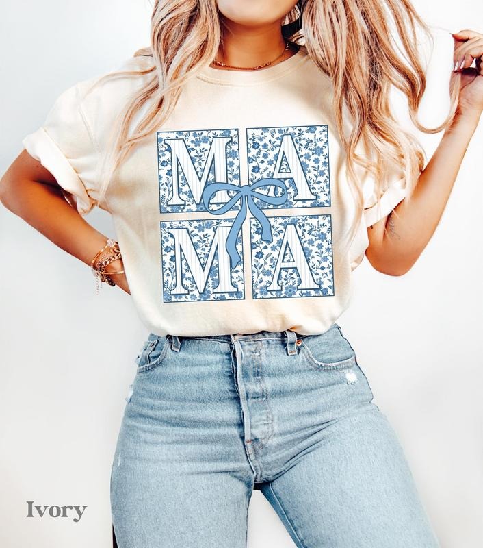Comfort Colors Mama Floral Boy Bow Coquette Blue - Adult & Kids T-Shirts, Sweatshirts & Hoodies apparel design preview 1