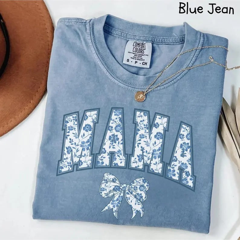 Comfort Colors Mama Blue Ribbon Girly Mom Cute Bow - Adult & Kids T-Shirts, Sweatshirts & Hoodies apparel design preview 1
