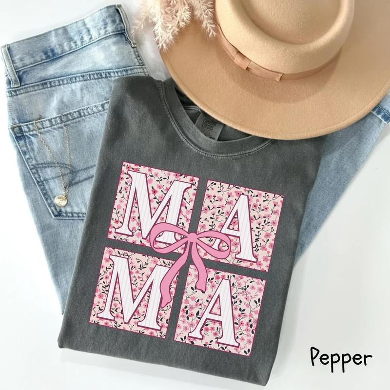 Comfort Colors Mama Pink Ribbon Girly Mom Floral Bow - Adult & Kids T-Shirts, Sweatshirts & Hoodies apparel design preview 1
