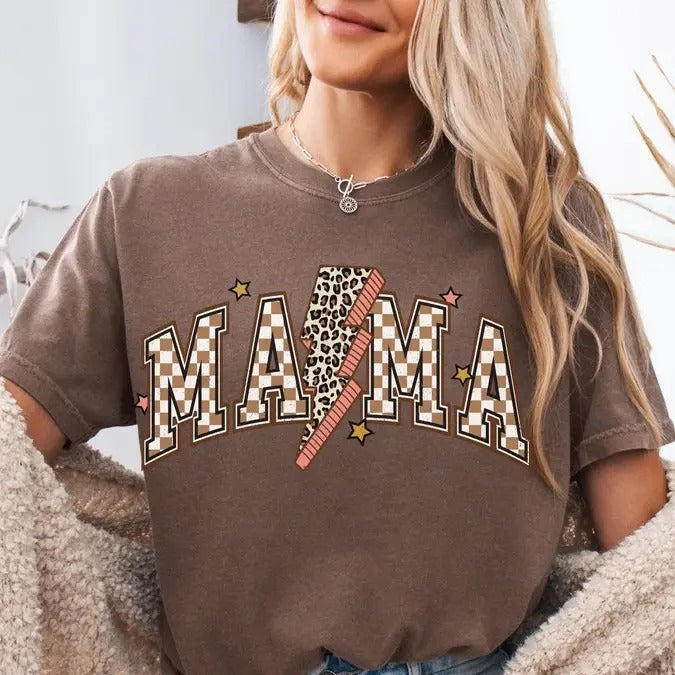 Comfort Colors Retro Mama Checkered Lightening Bolt - Adult & Kids T-Shirts, Sweatshirts & Hoodies apparel design preview 1