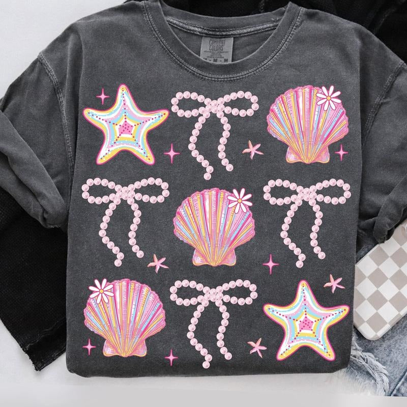Comfort Colors Summer Clam Coquette Pink Beach Bow - Adult & Kids T-Shirts, Sweatshirts & Hoodies apparel design preview 1
