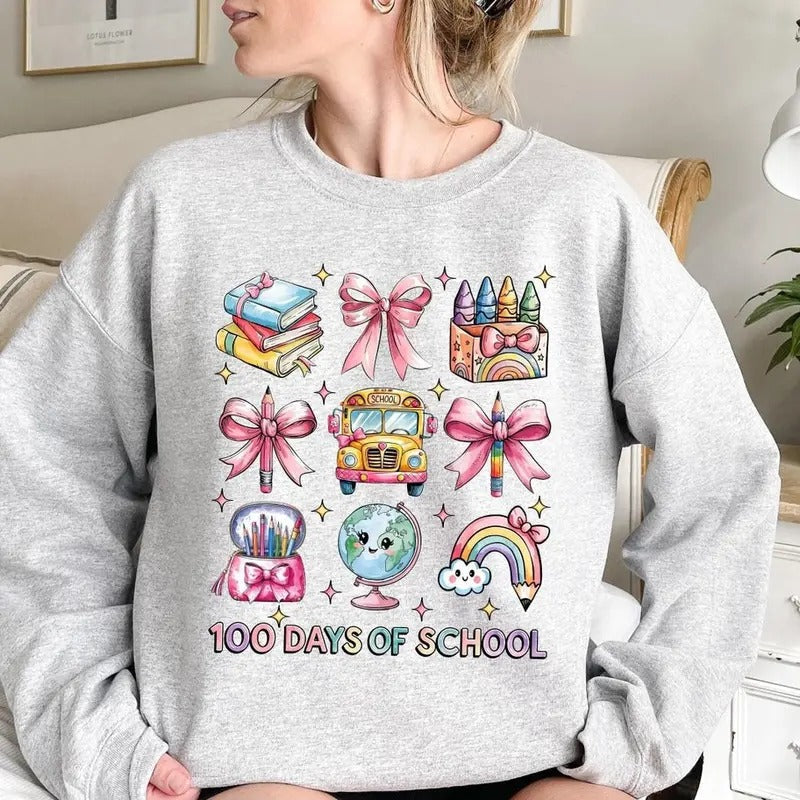 Coquette 100 Days School Teacher Back Pink Bow New - Adult & Kids T-Shirts, Sweatshirts & Hoodies apparel design preview 1
