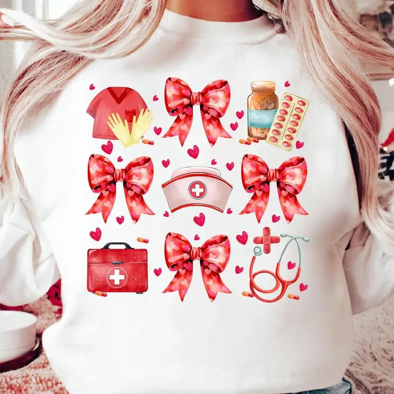 Coquette Bow Nurse Valentine Love Cute Red - Adult & Kids T-Shirts, Sweatshirts & Hoodies apparel design preview 1