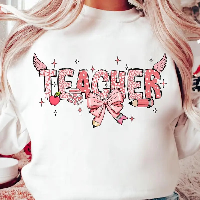 Coquette Bow Teacher Valentine Teaching Is Work Heart - Adult & Kids T-Shirts, Sweatshirts & Hoodies apparel design preview 1