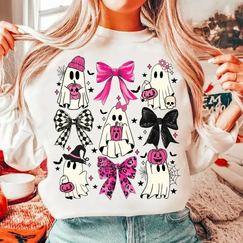 Coquette Halloween Pumpkin Cute Ghost Spooky Season - Adult & Kids T-Shirts, Sweatshirts & Hoodies apparel design preview 1