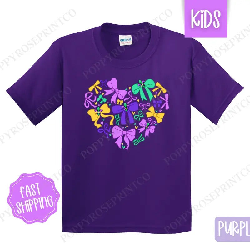 Coquette Mardi Gras Heart Louisiana Parade Bow - Adult & Kids T-Shirts, Sweatshirts & Hoodies apparel design preview 1