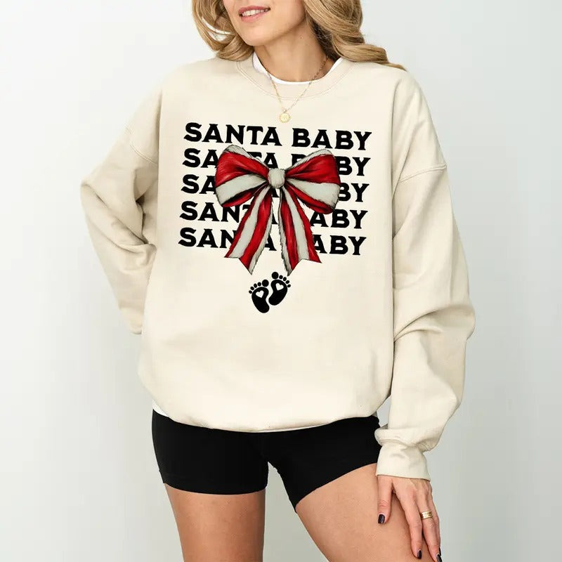 Coquette Santa Baby Pregnancy Announcement Bow Reveal - Adult & Kids T-Shirts, Sweatshirts & Hoodies apparel design preview 1