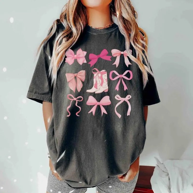 Coquette Western Cowgirl Shir T Pink Bow Cowboy Boots - Adult & Kids T-Shirts, Sweatshirts & Hoodies apparel design preview 1