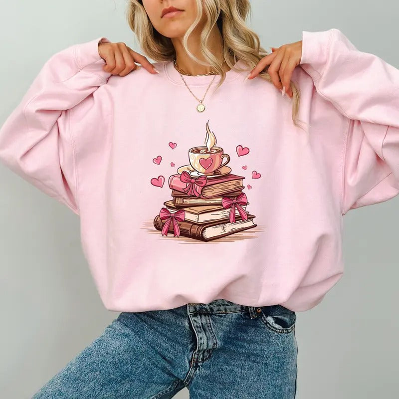 Coquette Valentine Bookish Reading Book Lover Long - Adult & Kids T-Shirts, Sweatshirts & Hoodies apparel design preview 1