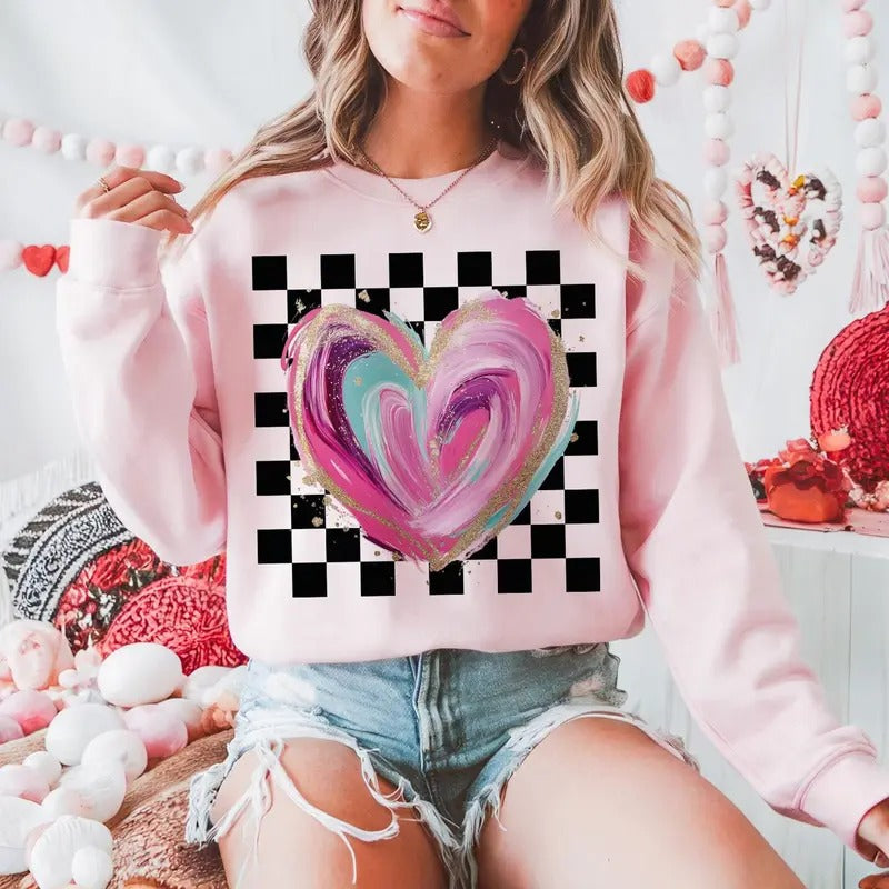 Coquette Heart Retro Checkered Valentines Valentine - Adult & Kids T-Shirts, Sweatshirts & Hoodies apparel design preview 1