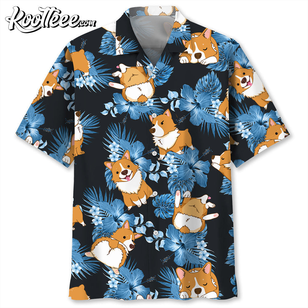 Corgi Dog Blue Floral Hawaiian - Adult & Kids T-Shirts, Sweatshirts & Hoodies apparel design preview 1