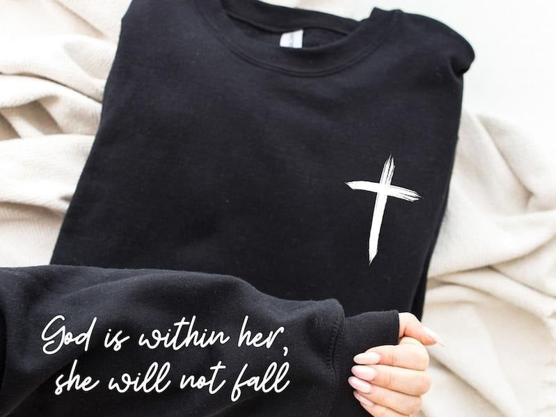 Cross Religious God Is Within Her Quote Sleeve - Adult & Kids T-Shirts, Sweatshirts & Hoodies apparel design preview 1