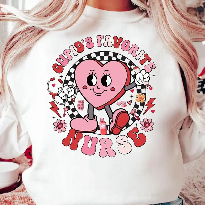 Cupid'S Favorite Nurse Valentine Checkered Heart - Adult & Kids T-Shirts, Sweatshirts & Hoodies apparel design preview 1