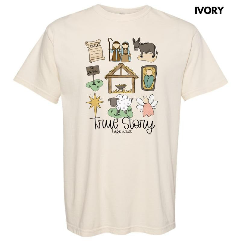 Cursive True Story Nativity Collage Comfort Colors - Adult & Kids T-Shirts, Sweatshirts & Hoodies apparel design preview 1