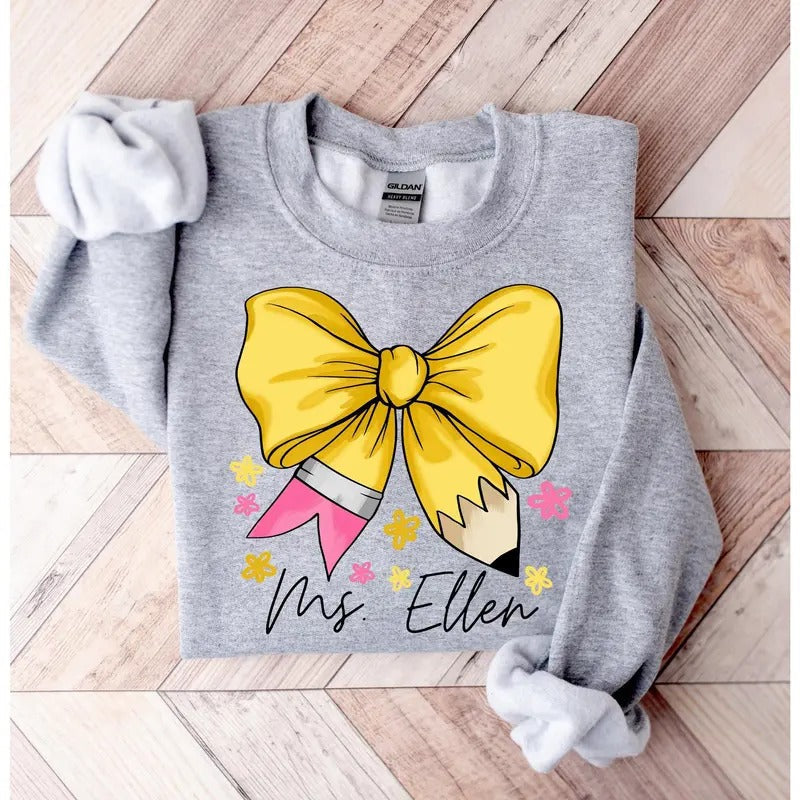 Custom Coquette Teacher Name Pencil Bow Back School - Adult & Kids T-Shirts, Sweatshirts & Hoodies apparel design preview 1