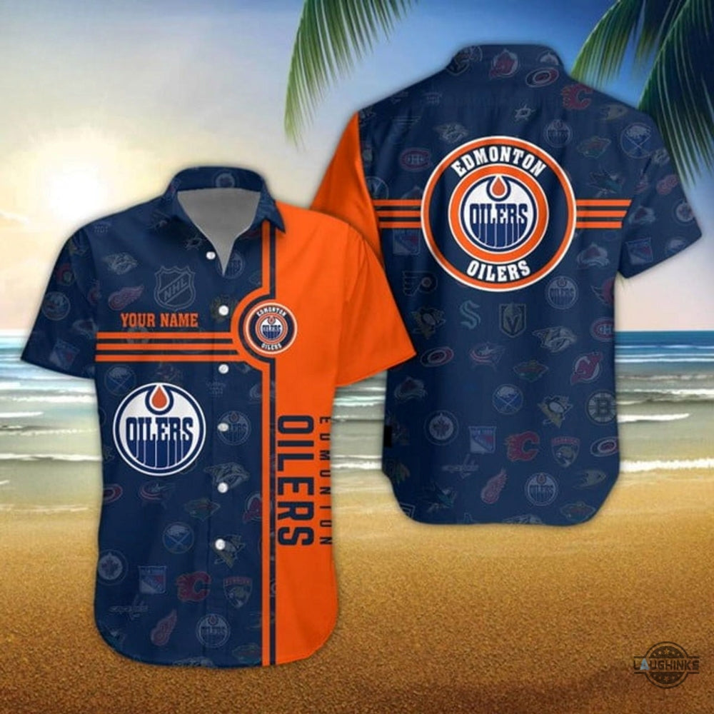 Custom Nhl 2024 Edmonton Oilers Hawaiian Retro Button - Adult & Kids T-Shirts, Sweatshirts & Hoodies apparel design preview 1