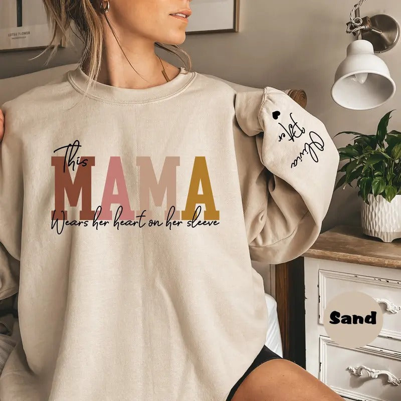 Custom This Mama Wears Her Heart Sleeve Personalized - Adult & Kids T-Shirts, Sweatshirts & Hoodies apparel design preview 1