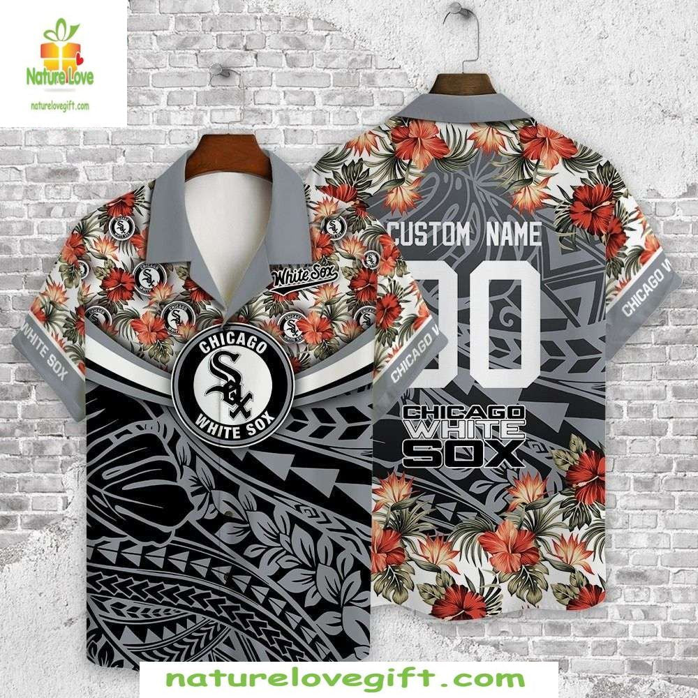 Chicago White Sox Hawaiian Floral Black MLB Baseball - Adult & Kids T-Shirts, Sweatshirts & Hoodies apparel design preview 1