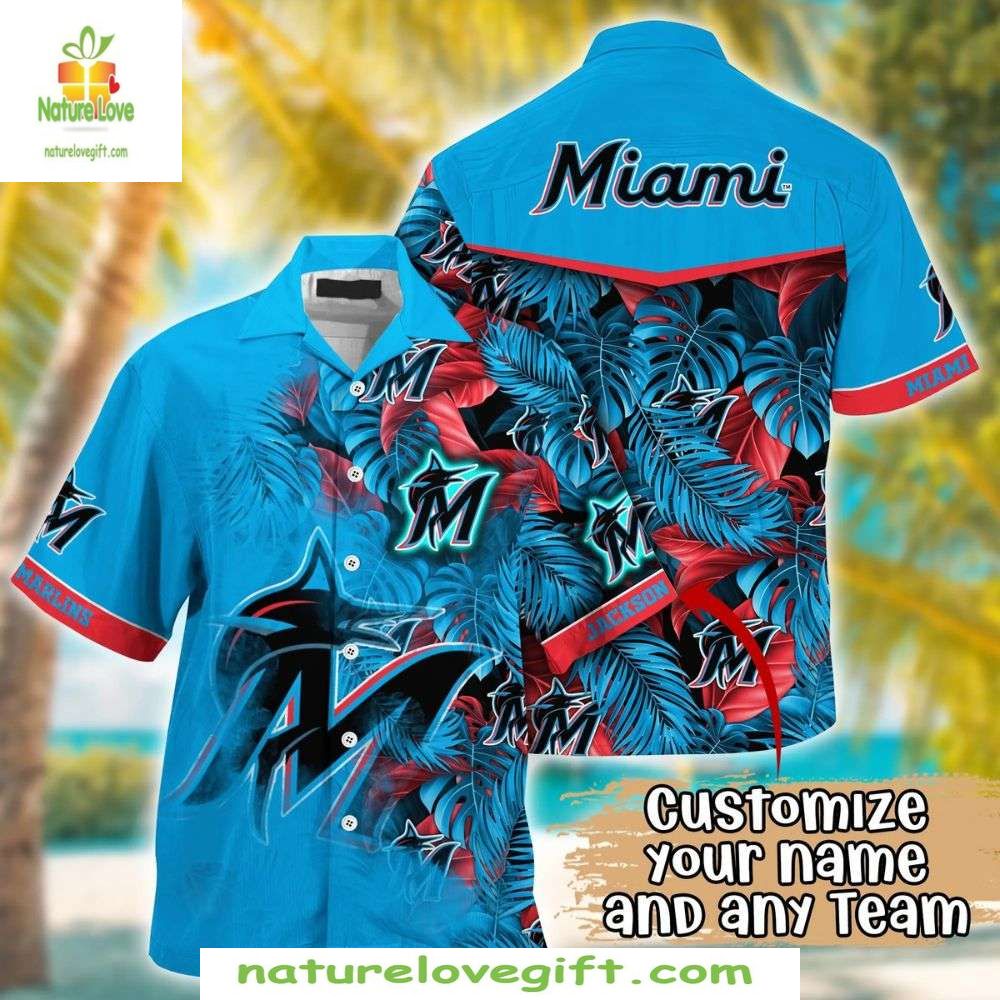 Miami Marlins Hawaiian Custom Teal Blue Tropical - Adult & Kids T-Shirts, Sweatshirts & Hoodies apparel design preview 1